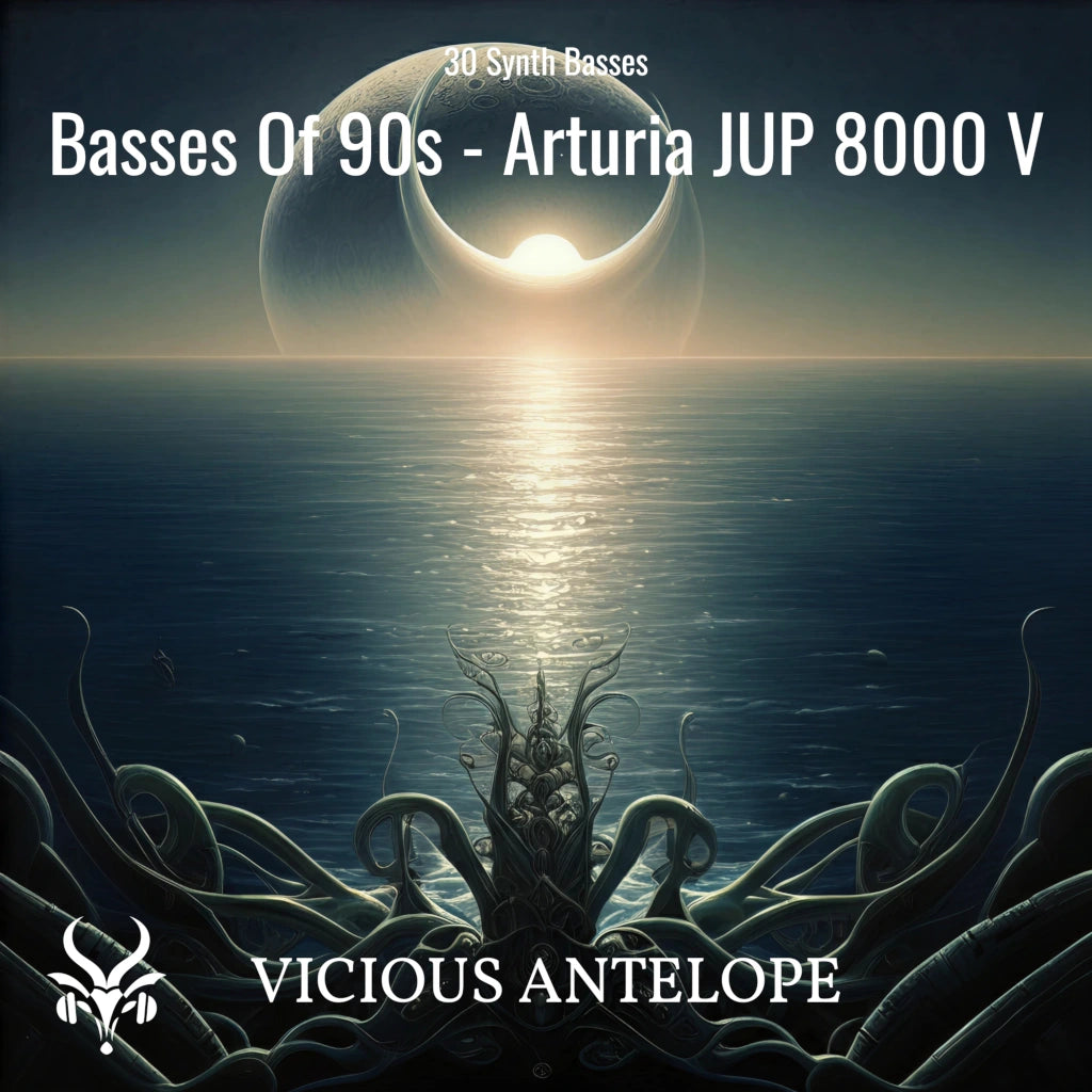 Basses Of 90s preset pack cover artwork for Arturia – Vicious Antelope