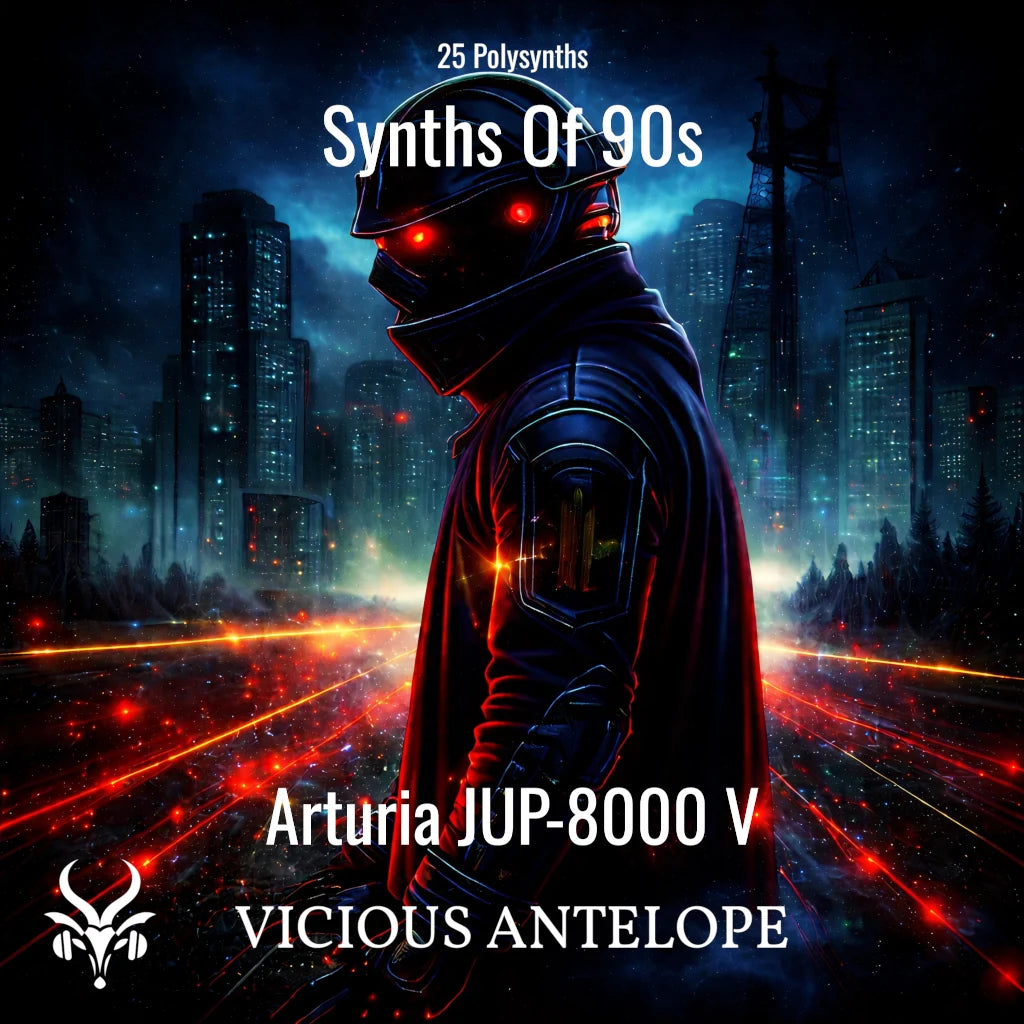 Synths Of 90s preset pack cover artwork for Arturia – Vicious Antelope
