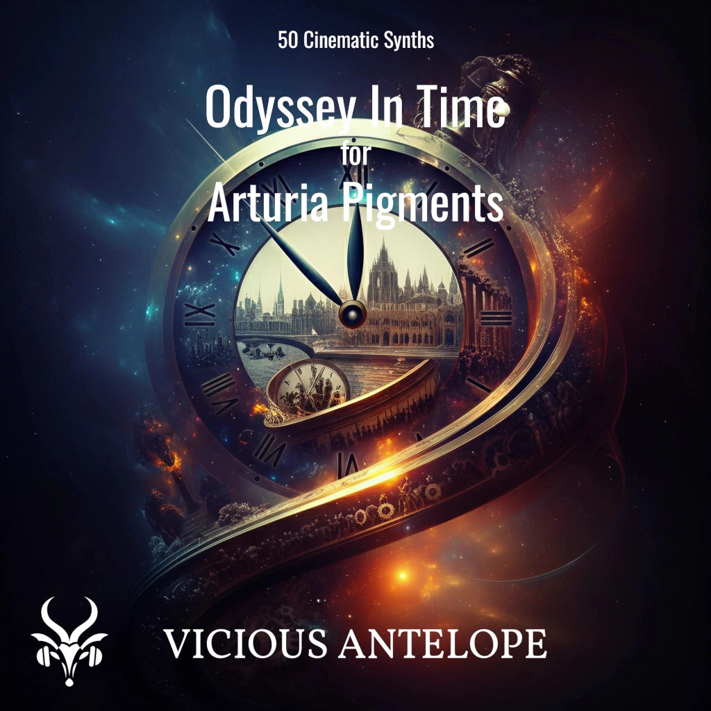 Odyssey In Time preset pack cover artwork for Arturia Pigments – Vicious Antelope