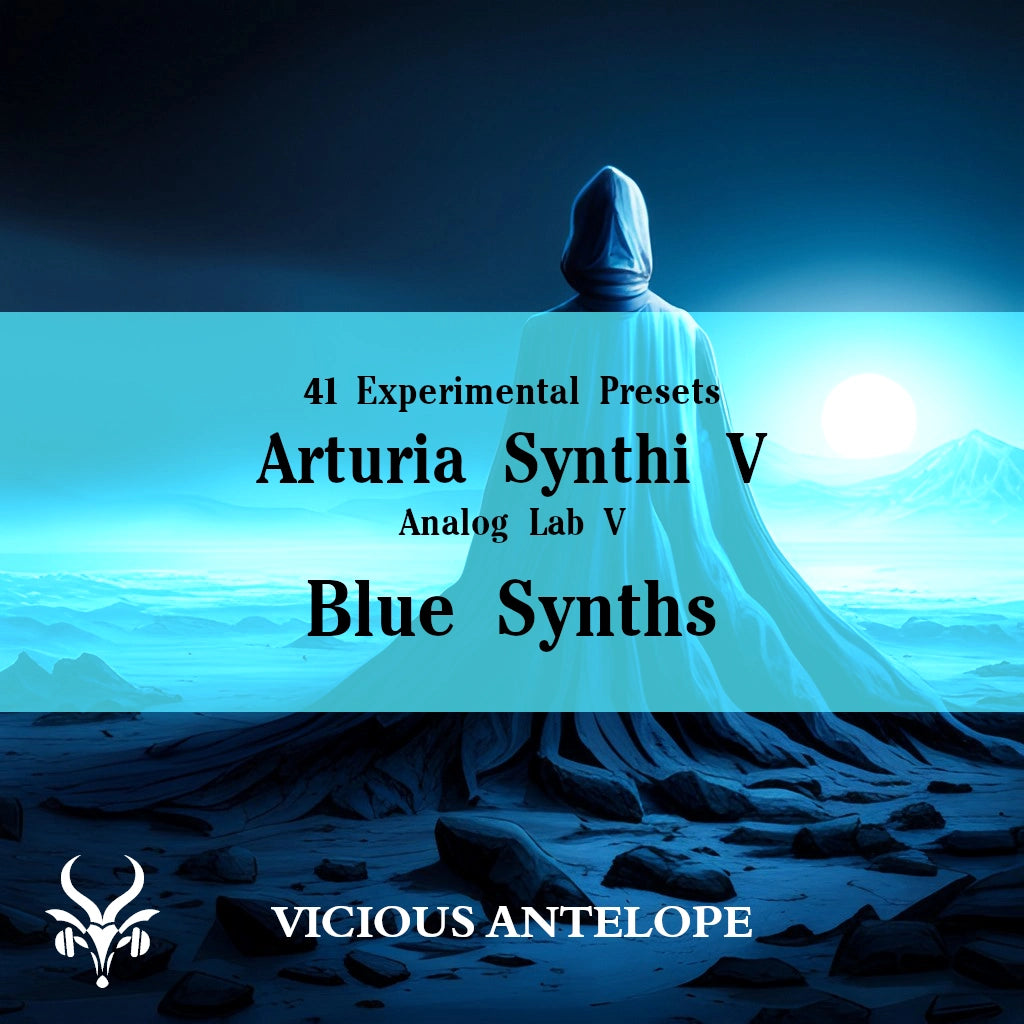Blue Synths preset pack cover artwork for Arturia – Vicious Antelope