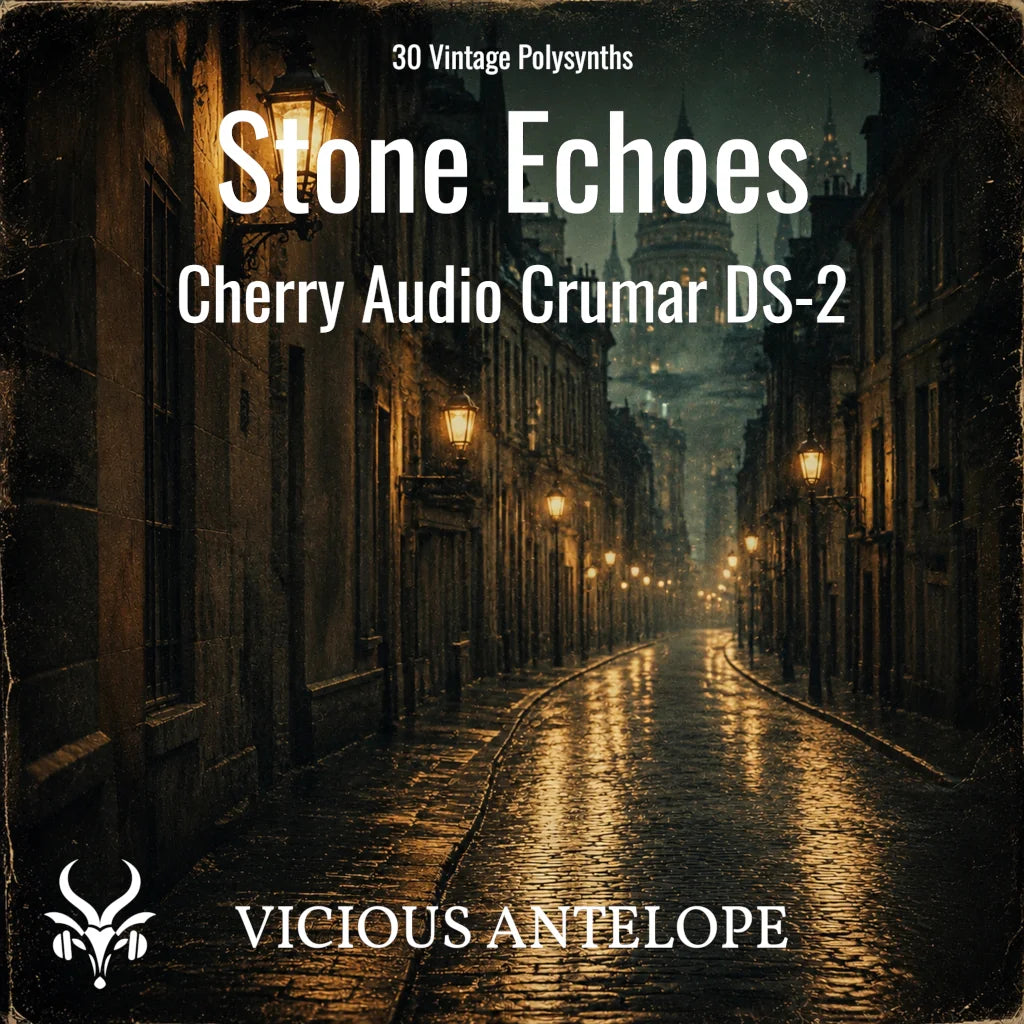 Stone Echoes vintage Crumar DS-2 preset pack artwork with cinematic retro atmosphere