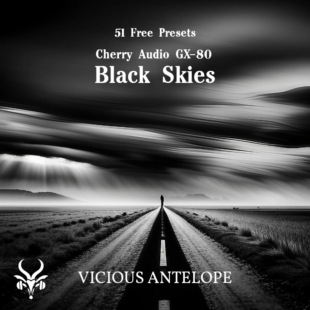 Black Skies preset pack cover artwork for Cherry Audio GX-80 – Vicious Antelope