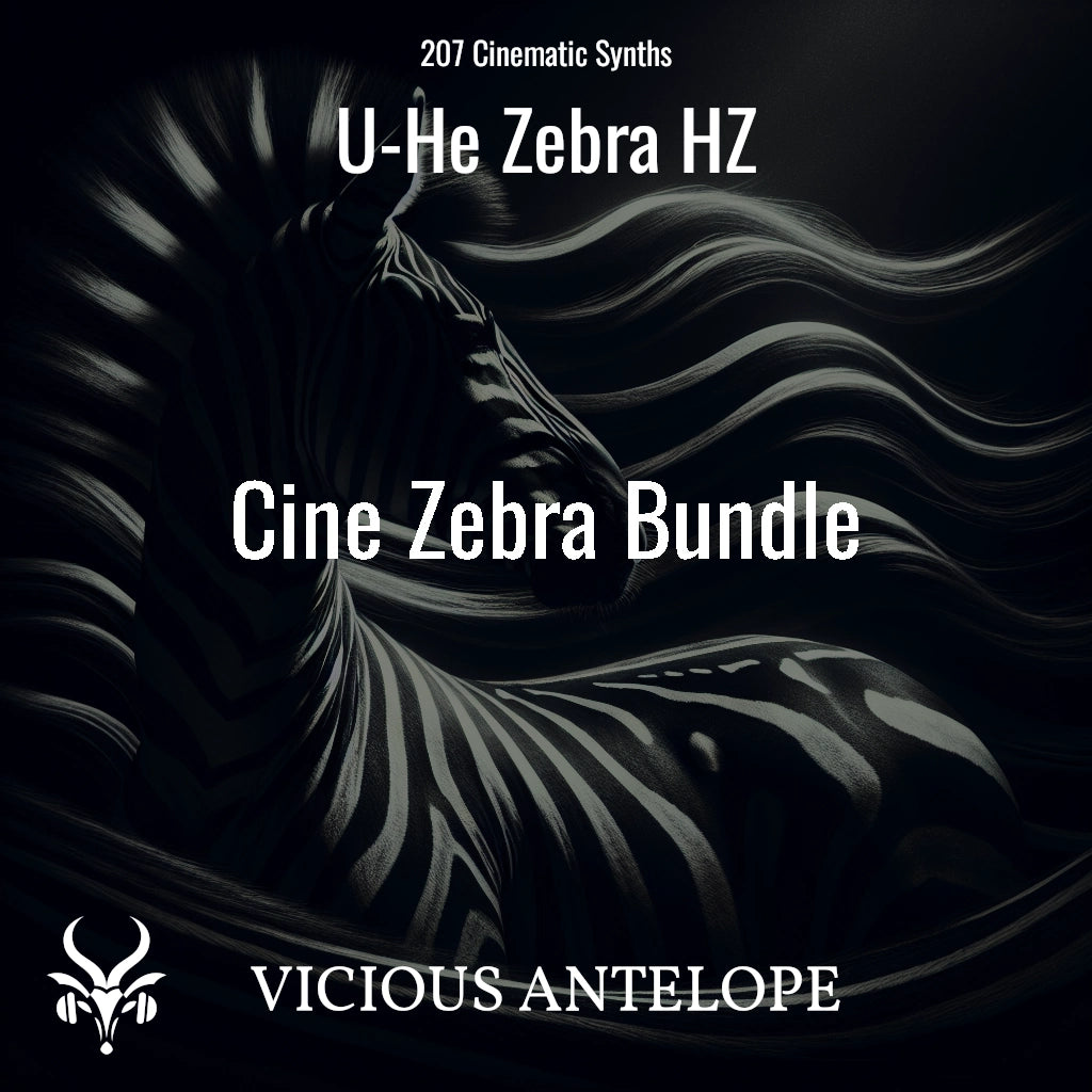 Cine Zebra Bundle preset pack cover artwork for U-He Zebra– Vicious Antelope