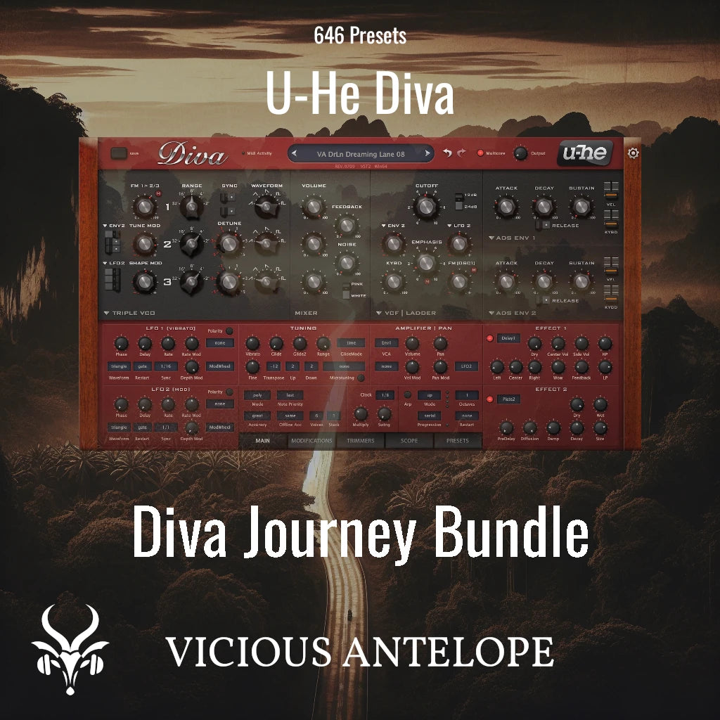 Diva Journey Bundle preset pack cover artwork for U-He Diva – Vicious Antelope