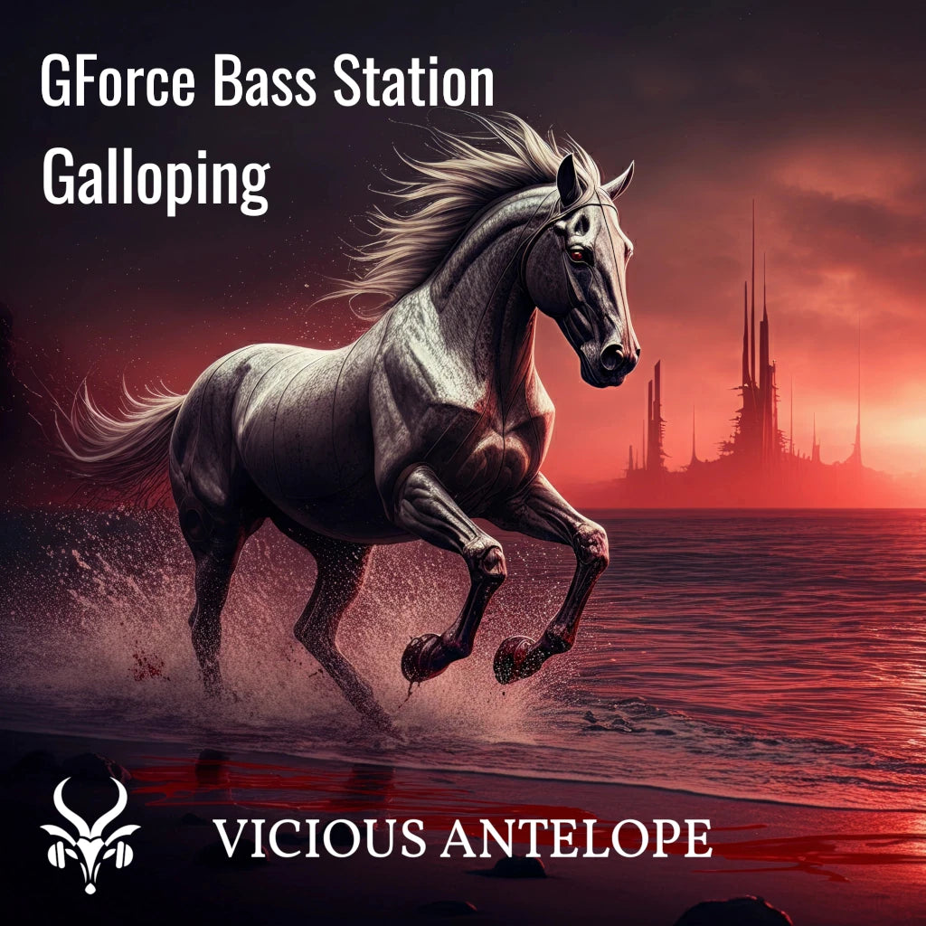 Galloping preset pack cover artwork for GForce Bass Station – Vicious Antelope