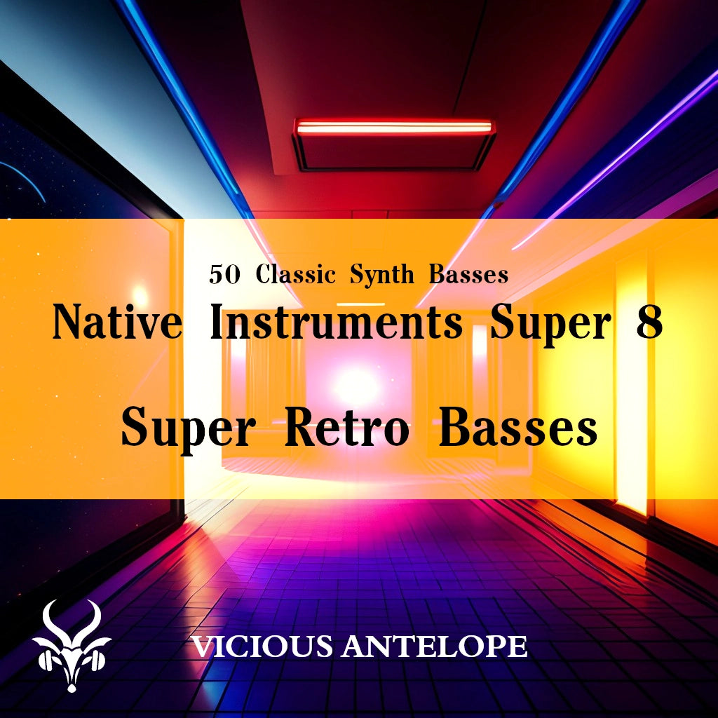 Super Retro Basses preset pack cover artwork for Native Instruments Super 8 – Vicious Antelope