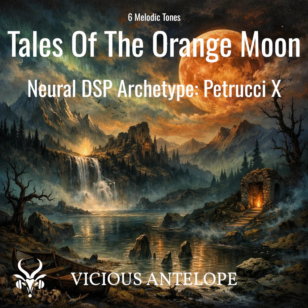 Orange moon over misty lake and ruins, dark atmospheric landscape artwork