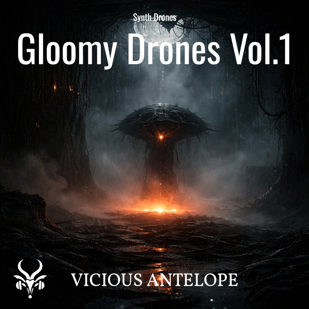 Gloomy Drones Vol.1 cinematic synth drone sample pack artwork with dark atmospheric design