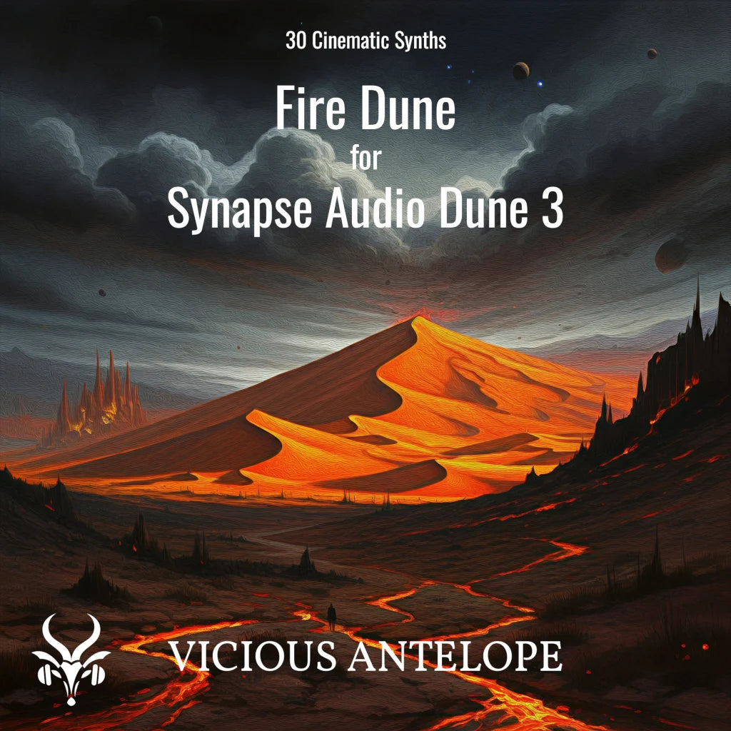 Fire Dune preset library cover artwork for Dune 3 – Vicious Antelope