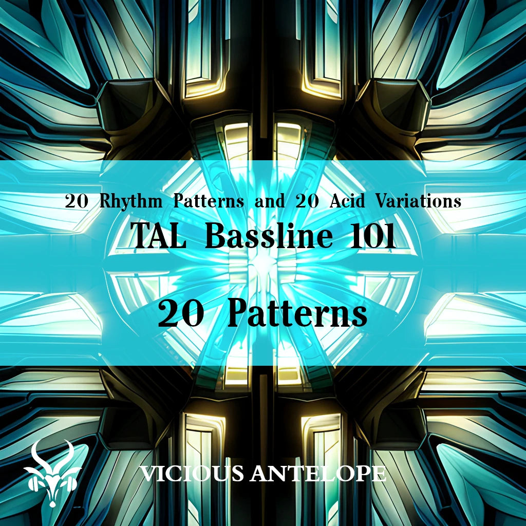 20 Patterns preset pack cover artwork for TAL Bassline 10 – Vicious Antelope