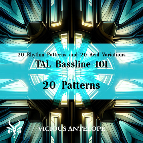 20 Patterns preset pack cover artwork for TAL Bassline 10 – Vicious Antelope
