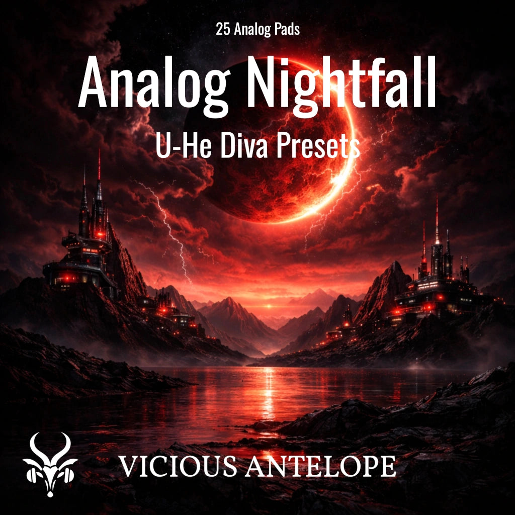 Analog Nightfall preset pack artwork for U-He Diva featuring cinematic analog pad sound design