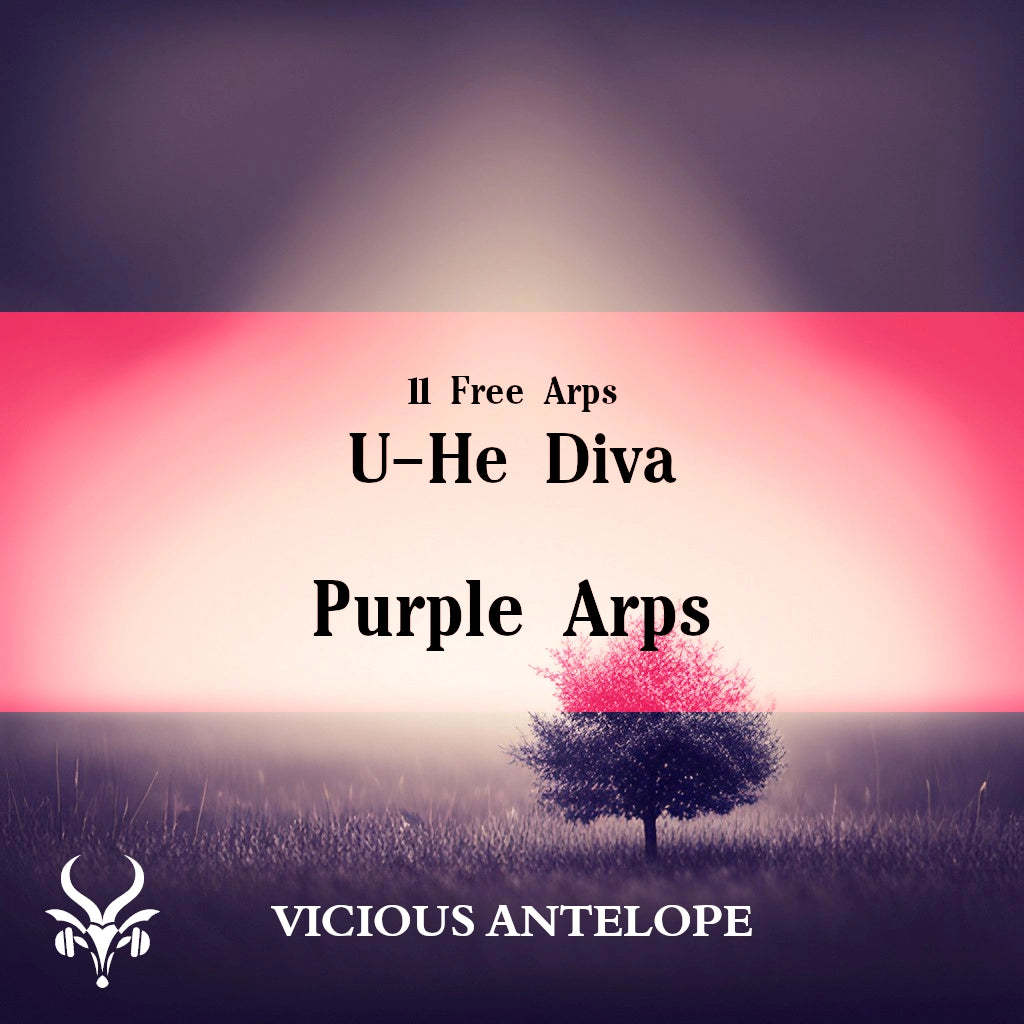 Purple Arps preset pack cover artwork for U-He Diva – Vicious Antelope