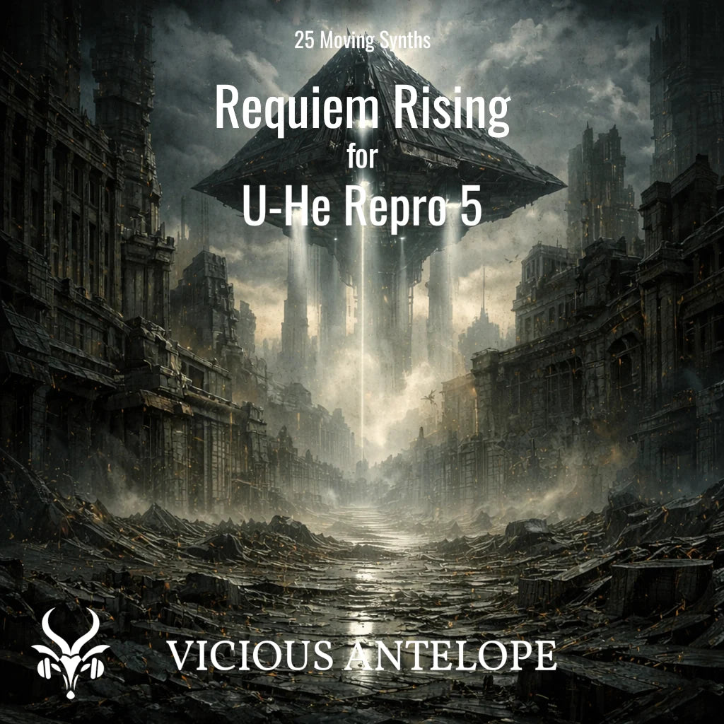 Requiem Rising preset pack cover artwork for U-He RePro 5 – Vicious Antelope