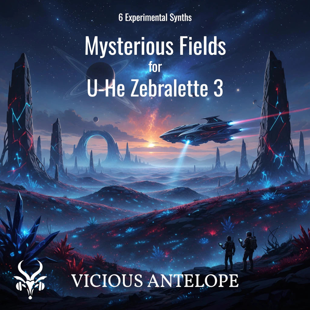 Mysterious Fields preset pack cover artwork for U-He Zebralette – Vicious Antelope