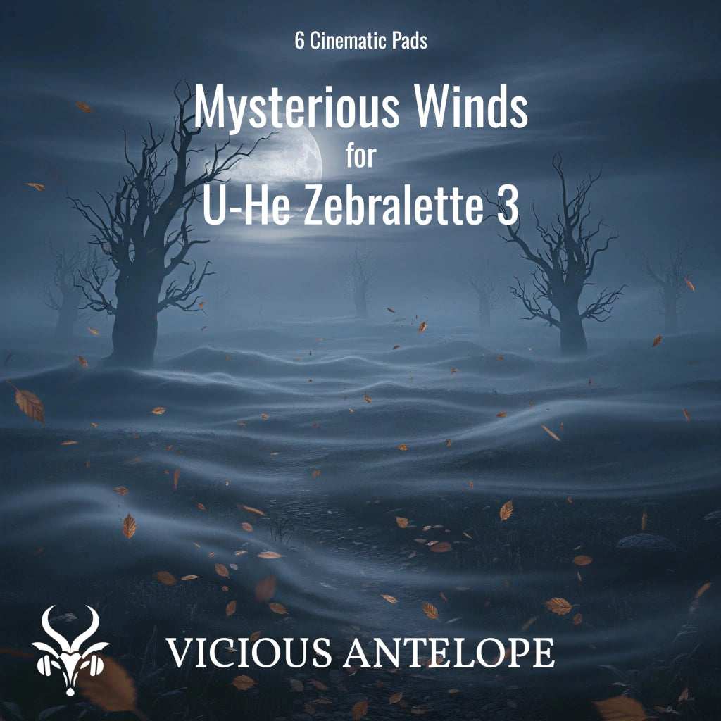 Mysterious Winds preset pack cover artwork for U-He Zebralette – Vicious Antelope