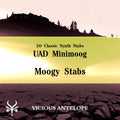 Moogy Stabs preset pack cover artwork for Universal Audio Minimoog – Vicious Antelope