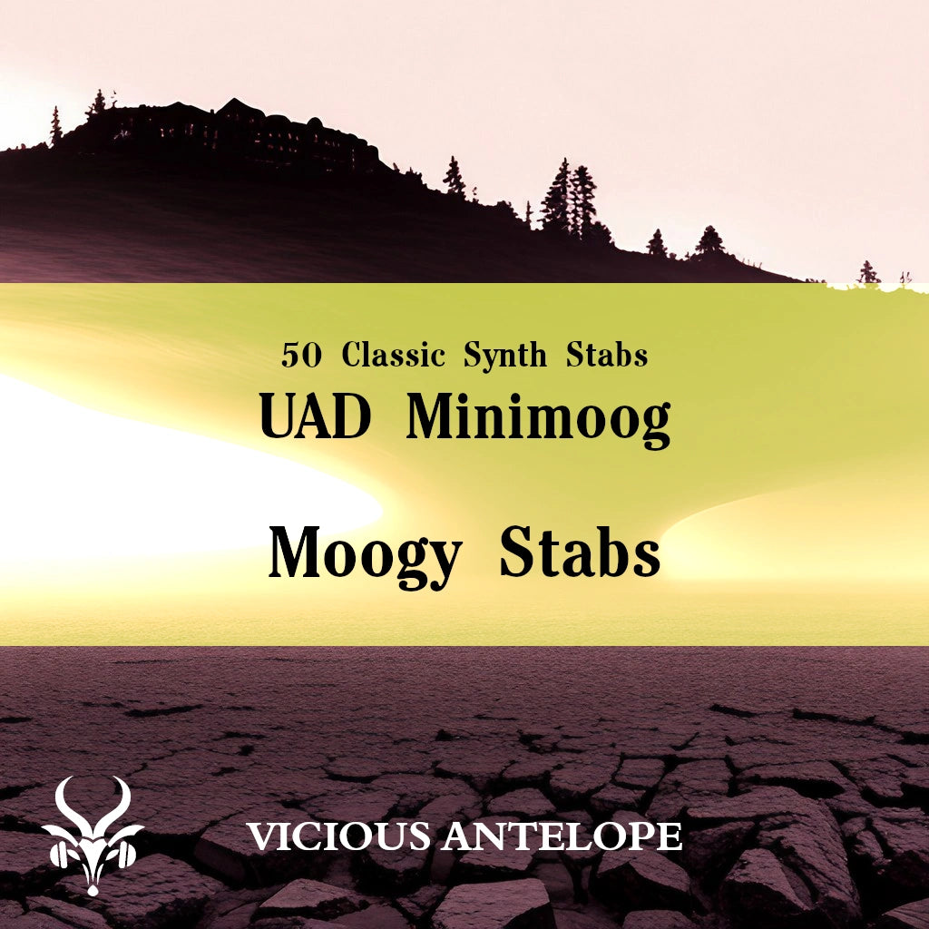 Moogy Stabs preset pack cover artwork for Universal Audio Minimoog – Vicious Antelope