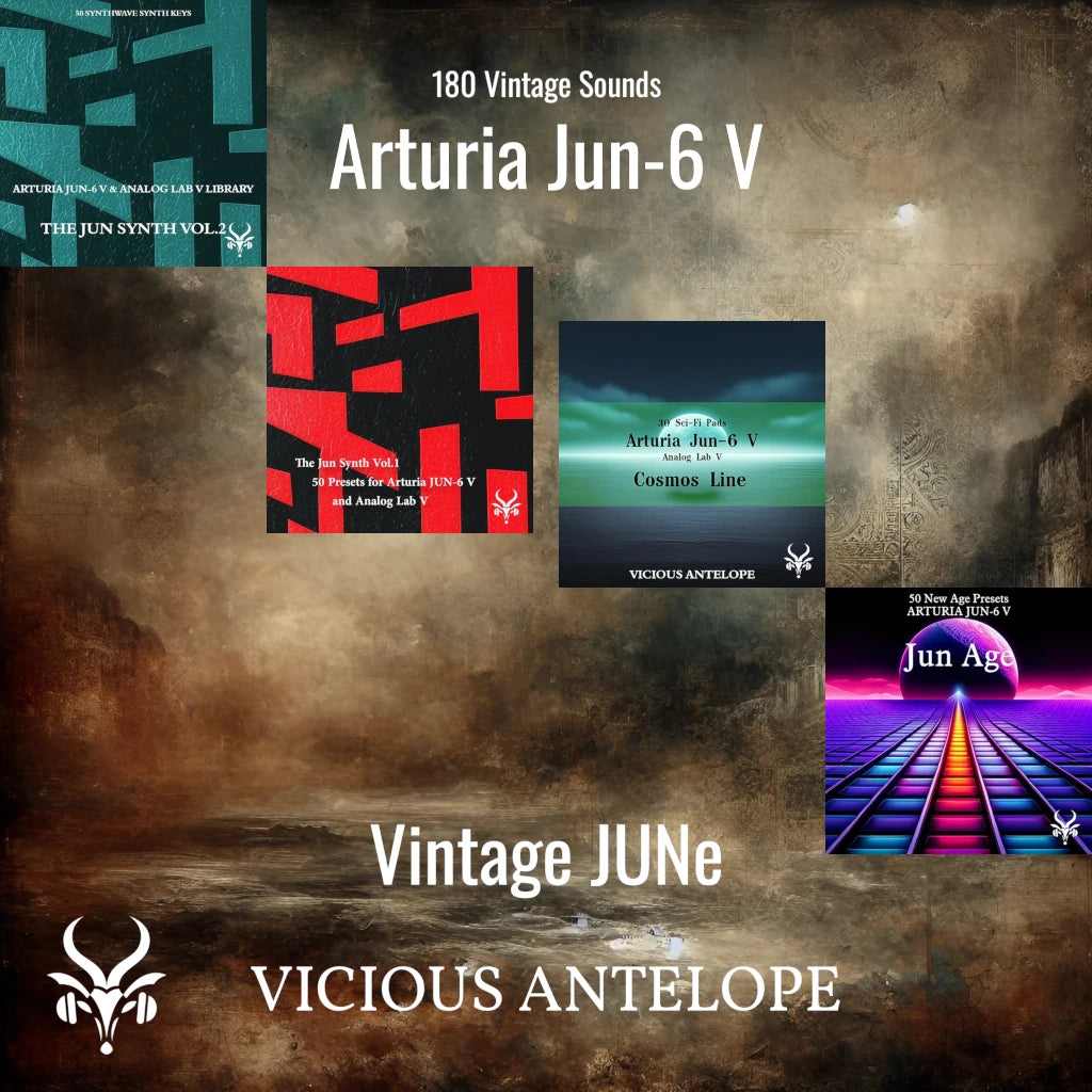 Vintage JUNe bundle preset pack cover artwork for Arturia – Vicious Antelope