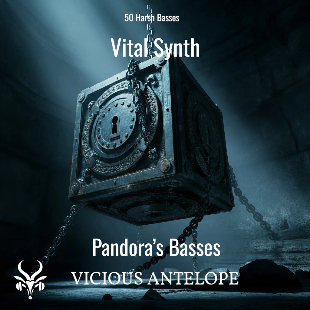 Pandora's Basses preset pack cover artwork for Vital – Vicious Antelope