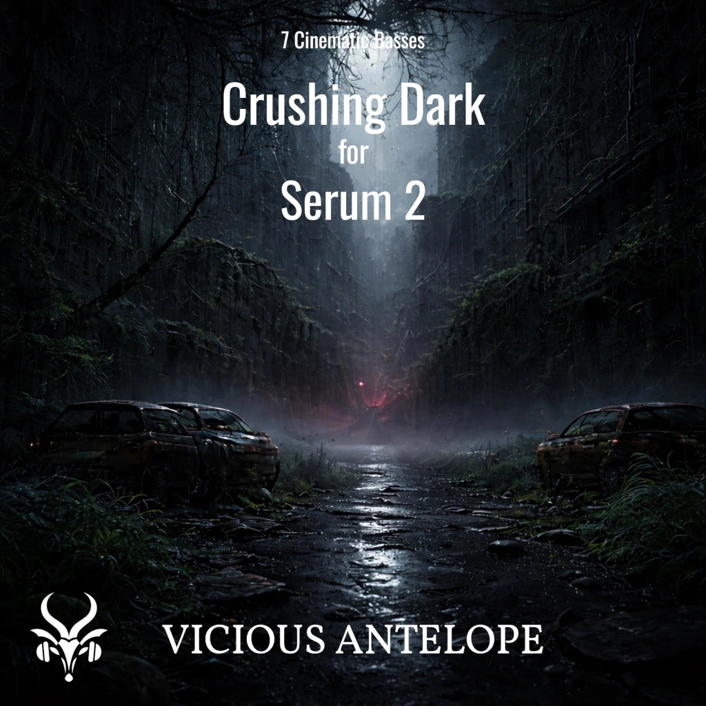 Crushing Dark preset pack cover artwork for Serum 2 – Vicious Antelope