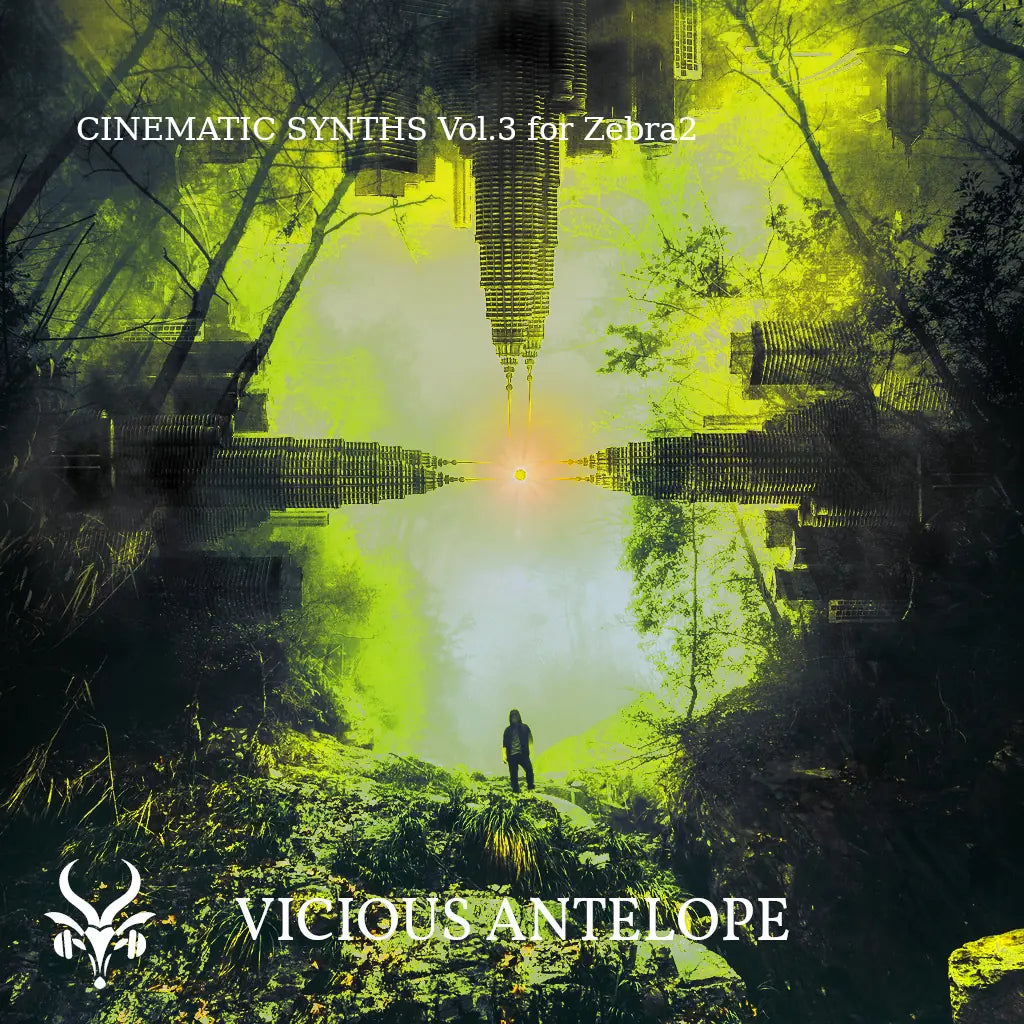 Cinematic Synths Vol.3 preset pack cover artwork for U-He Zebra– Vicious Antelope