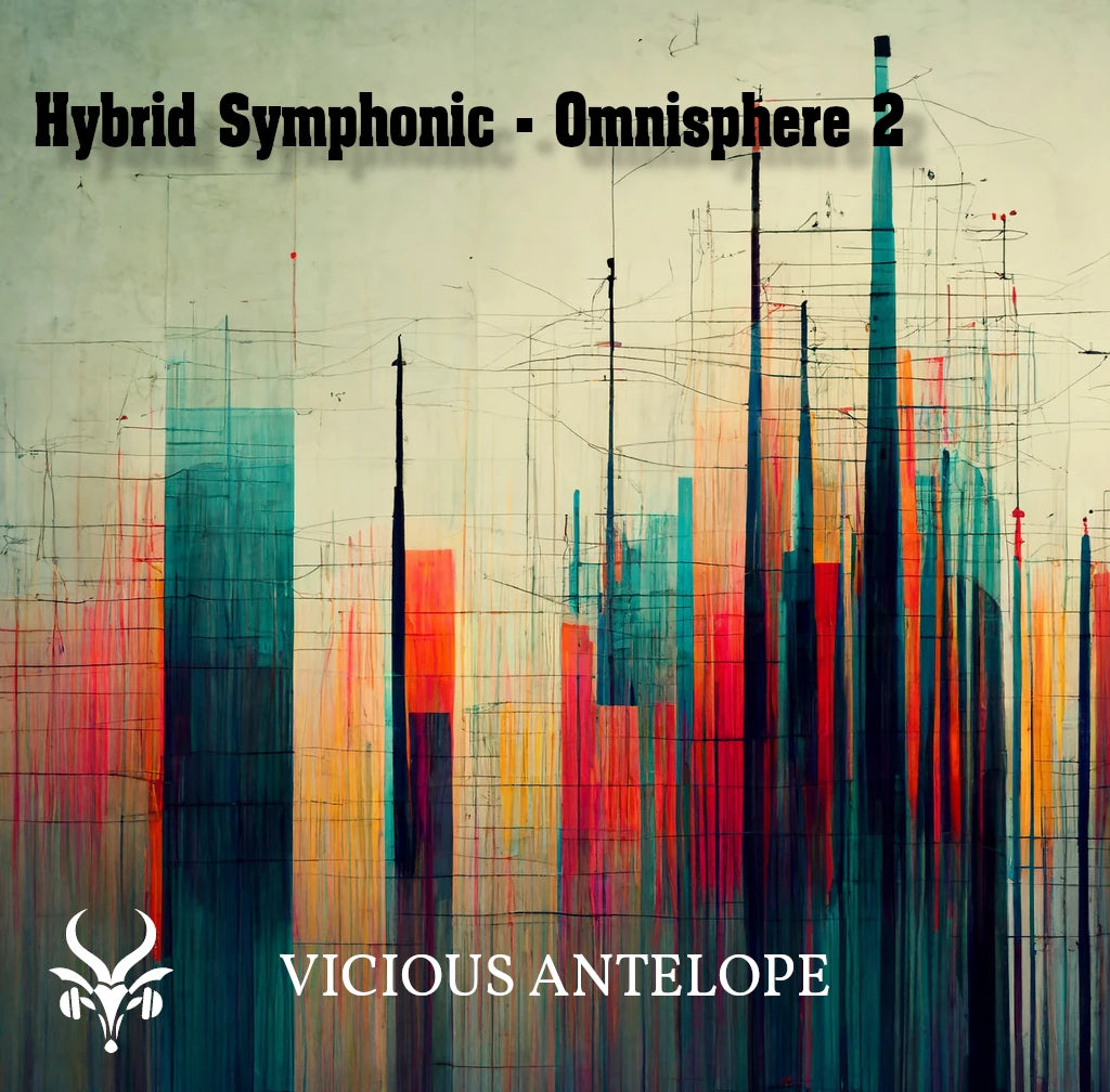 Hybrid Symphonic preset library cover artwork for Omnisphere 3 – Vicious Antelope